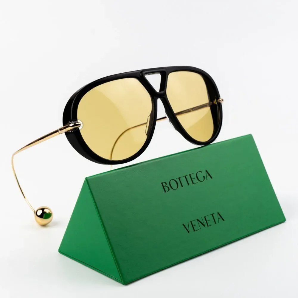 NEW Bottega Veneta BV1273S 003 Black Gold Yellow Pilot Unisex Sunglasses